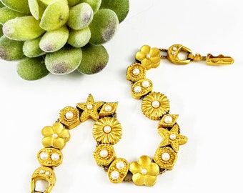 Carolee Vintage Pearl & Brushed Gold Slide Charm Bracelet
