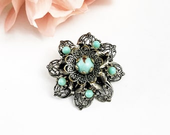 Vintage Silver & Turquoise Filagree Small Flower Brooch Pin