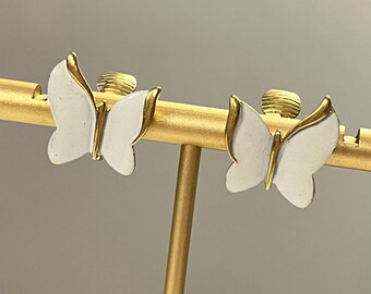Crown Trifari Vintage Dainty White Enamel Butterfly Clip Earrings