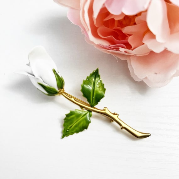 Vintage White Enamel Rose Flower Brooch