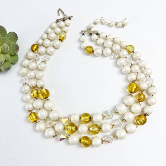 Vintage Mid-Century 3-Strand Faux Pearl Gold & AB… - image 2