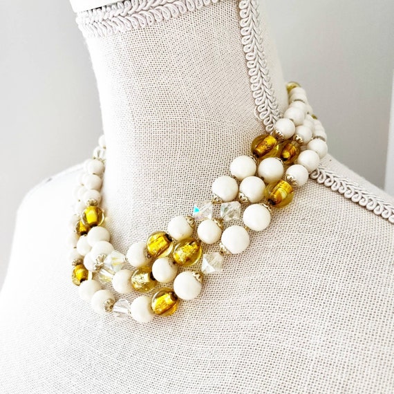 Vintage Mid-Century 3-Strand Faux Pearl Gold & AB… - image 5