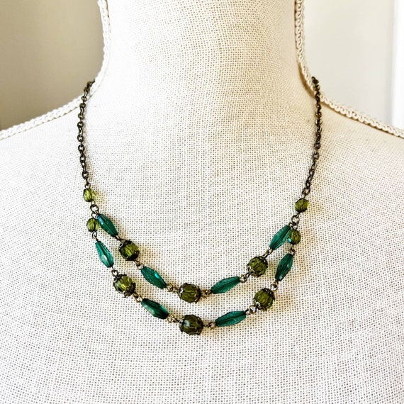 1928 Vintage Green Beaded Double Strand Necklace - image 5