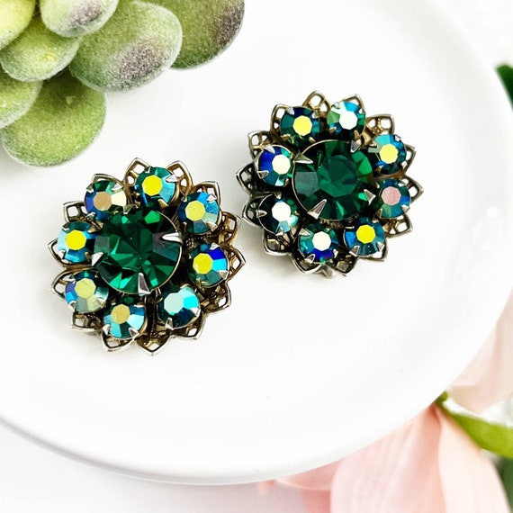 Vintage Aurora Borealis Green Flower Clip Earrings