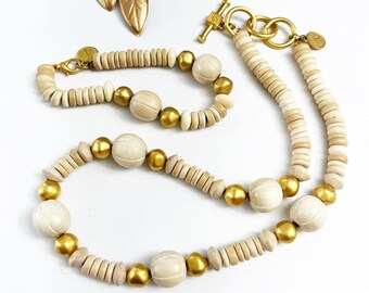 Anne Klein II Vintage Wood Gold Bead Necklace & Bracelet Set