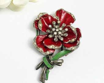 New England Glass Works Trembler Brooch Red Pansy Flower Enamel Pot Metal