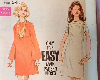 Butterick 5466 - Size 12, Bust 34", Womens Dress Sewing Pattern, 1960s, 60s Fashion, 2 Styles, Corporate Hippie Go Go Dancer Style