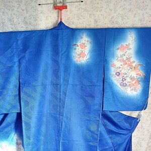 Japanese Vintage Blue Houmongi Kimono, Very Old Perfect Condition, Fine Floral Pattern with Birds! Festival or Dance, 162cm or 64 inches.