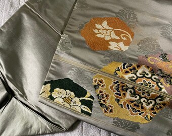 Vintage Japanese Grey-Green and Gold Floral Nagoya Obi with HIbiscus, Showa-Era, Fair Condition! Silk!