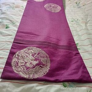 Vintage Japanese Purple, White, Silver, Gold Dragon Nagoya Obi, Pre-Loved Condition! Possibly 1950s, 351.5cm or 138&quot;