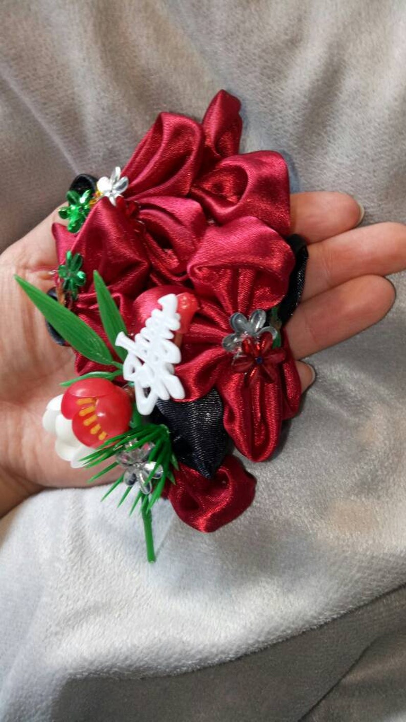 Red and Black Kanzashi Hair Ornament Ethical Make! Facinator with Bamboo and Flowers