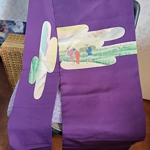 Vintage Japanese Purple, Gold and Cream Nagoya Obi with Rural Scenes, Kasumi, People of the Past, Worn Condition! 358cm or 141 inches.
