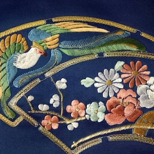 Vintage Japanese Blue, Pink and White and Gold Nagoya Obi with Fans, Peonies, Plum Blossoms, Phoenix and Wheels, Perfect Condition!