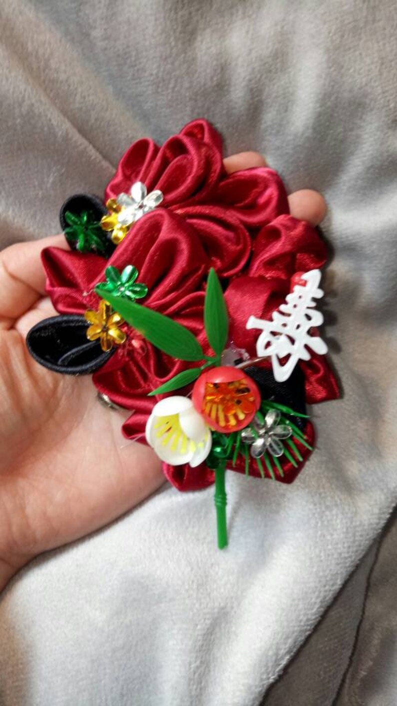 Red and Black Kanzashi Hair Ornament Ethical Make! Facinator with Bamboo and Flowers