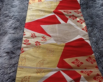 Vintage Japanese Red, White, Silver, Gold, Yellow Flowers Nagoya Obi, Pre-Loved Condition! Possibly 1950s, 337cm or 132.7"