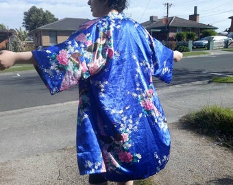 Japanese Style Long Satin Happi Kimono Jacket: Blue with White and Pink Cherry Blossoms! Machine Washable! Padded Hanten Option!