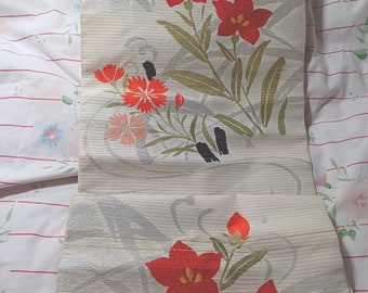 Vintage Japanese Nagoya Obi: Cream, Silver, Red Floral Waves, 1970s (132")