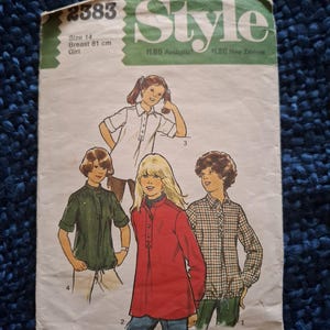 Style Sewing Pattern 2383 - Size 7, 8, 10, 12, 14, Girls Shirt in 4 Styles, 1976, 70s Fashion, Custom