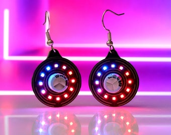 Rechargeable Hybrid Super Capacitor wearable tech earrings (red and blue version), for EDM festivals, wearable tech jewelry