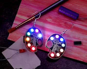 Luminescent Artist Palette Earrings: Wearable LED Light Art, USB-C Rechargeable