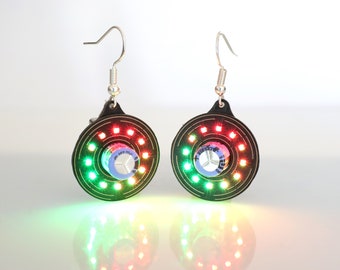 Rechargeable Hybrid Super Capacitor (red and green version) wearable tech earrings for burning man, music festivals
