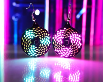 Pink or Turquoise colored Fibonacci Earrings (pair) with Rechargeable Hybrid Super Capacitor, perfect for EDM, raves and burning man.