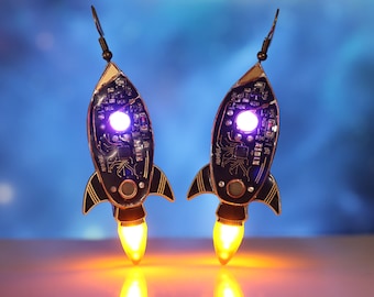 Animated Galactic Glow Rockets Earrings with Super Capacitor, USB-C Charging (pair)