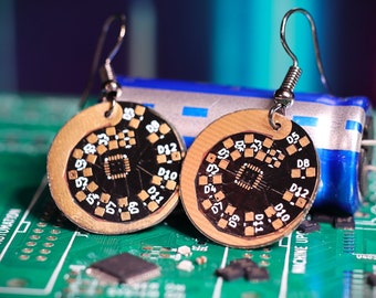 Spiral PCB earrings for electronics, engineering, or coding lovers