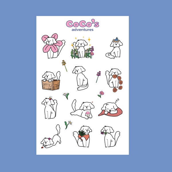 Coco's Charming Adventures: Poodle Sticker Set with Bird, Flower Play, Sleepy Moments & More!