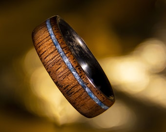 Walnut wooden ring with light blue mother-of-pearl | carbon reinforced and waterproof