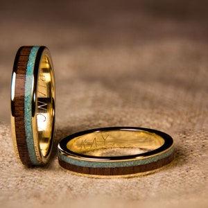 14K Gold Wedding Rings Set with Walnut and Turquoise | 585 solid yellow gold | Pair of wooden rings 4 mm & 5 mm