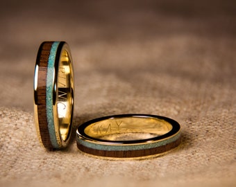 14K Gold Wedding Rings Set with Walnut and Turquoise | 585 solid yellow gold | Pair of wooden rings 4 mm & 5 mm