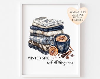 Winter spice art Christmas Blue cosy knit Watercolour seasonal unframed wall art poster print
