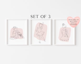 Ballet Prints Set Ballerina Line Drawing, set of 3 dancing Girls Bedroom Decor (unframed)