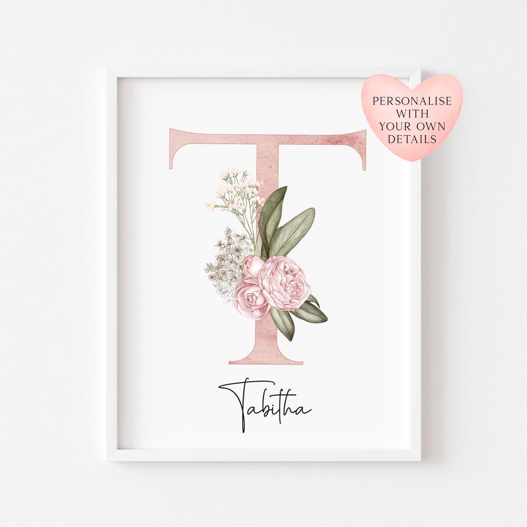 Personalised Floral Initial Print Pink & Green Botanical Letter Art ...