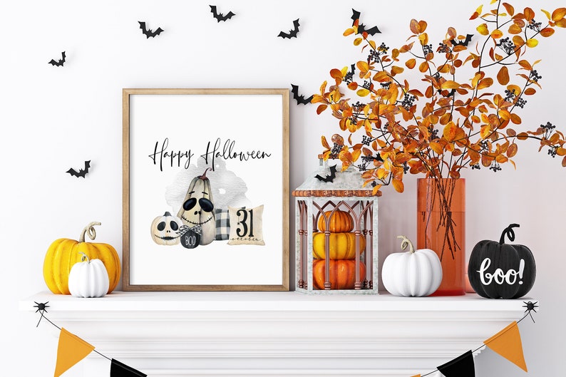 Halloween print, Happy Halloween decor watercolour unframed printhalloween decorseasonal decorseasonal printswall art printsspooky art image 2