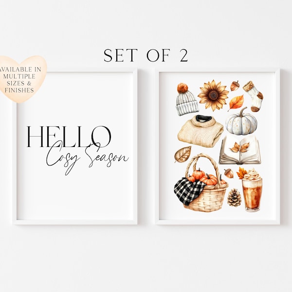 Hello Autumn Prints set of 2 Cosy Fall seasonal unframed wall art poster print