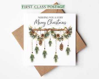 Christmas Card Green Xmas Acorns & foliage hanging decoration watercolour unique card (with Envelope)
