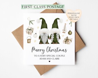 Couples Christmas Card, Green Gonks winter friends personalised card with envelope