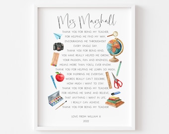 Personalised Thank you teacher poem unframed print|personalised teacher gift|end of term gift|end of year gift|school gift|teacher gift idea