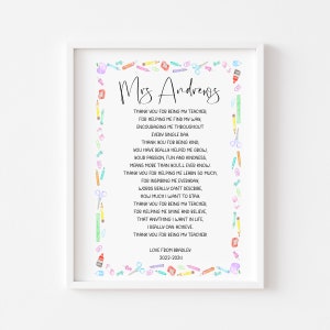 Personalised Teacher Thank You Poem Print Pastel Nursery Decor unframed wall art
