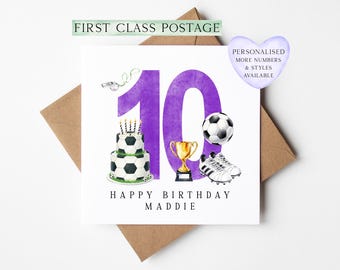 10th Birthday Card personalised purple football footy themed bday card number 10 with Envelope