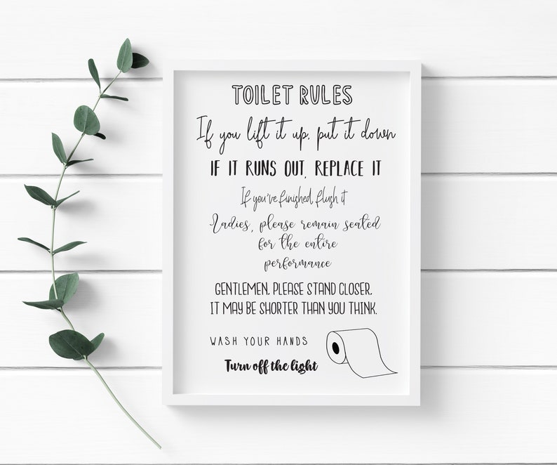 May include: A framed white sign with black text that reads "TOILET RULES" followed by humorous instructions and a drawing of a toilet paper roll. A sprig of green leaves is in the upper left corner.