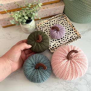 May include: Four handmade crochet pumpkins in green, blue, purple, and pink, each with a brown stem. The pumpkins are displayed on a white surface with a decorative tray and a small potted plant in the background. A seasonal home decor item.