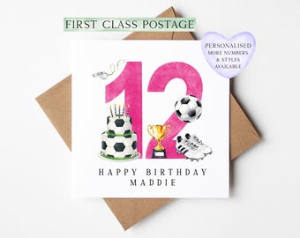 12th Birthday Card personalised pink football footy themed bday card number 12 with Envelope