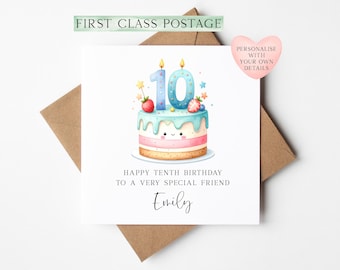 Personalised 10th Birthday Card Cake Number 10 pastel kids card (Envelope Included)