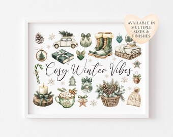 Christmas Print Cosy Winter Vibes festive green & beige watercolour Wall Art (unframed)