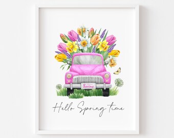 Pink Spring Truck Floral Print Watercolour Wall Art (unframed)