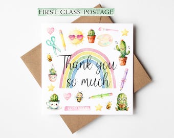 Thank You Card Nursery Teacher, Mentor Appreciation watercolour rainbow pastel card with envelope