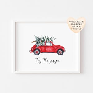 Red Christmas Car Print Vintage Xmas Tree, Holiday Wall Art (unframed)